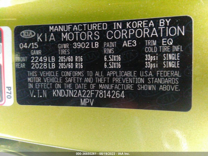 2015 KIA SOUL BASE - KNDJN2A22F7814264