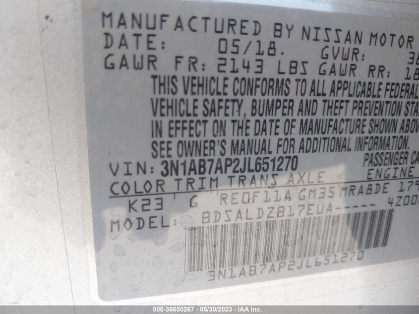 VIN 3N1AB7AP2JL651270 2018 NISSAN SENTRA SV