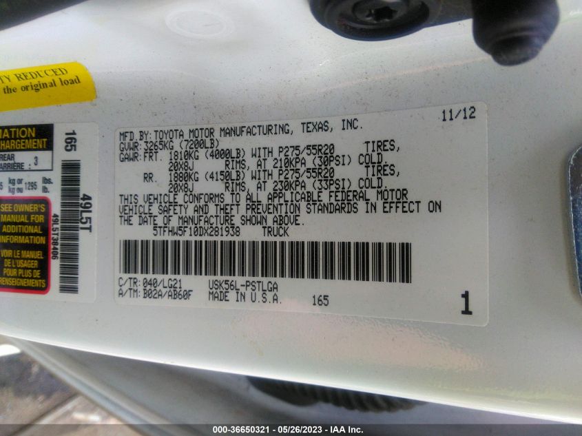 2013 TOYOTA TUNDRA 4WD TRUCK LTD/PLATINUM - 5TFHW5F10DX281938