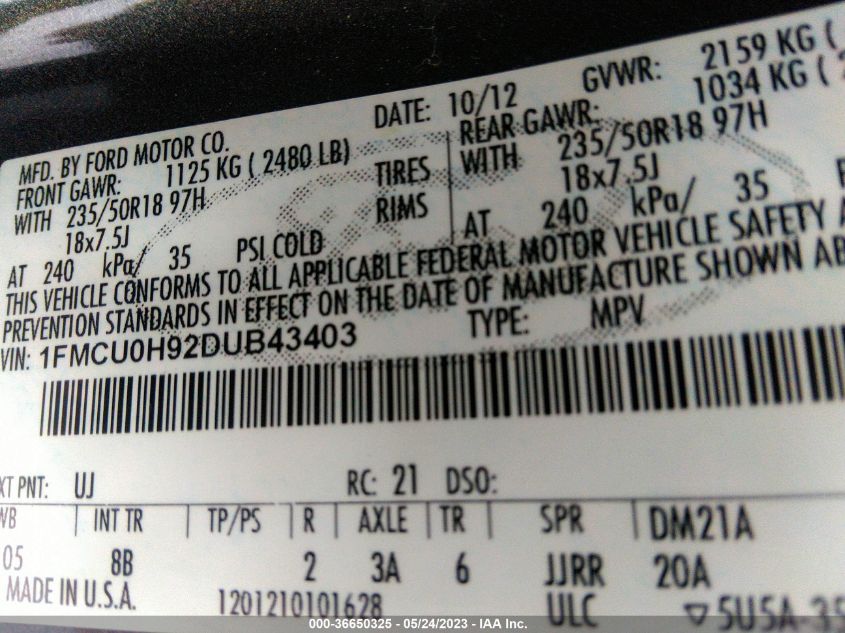 2013 FORD ESCAPE SEL - 1FMCU0H92DUB43403
