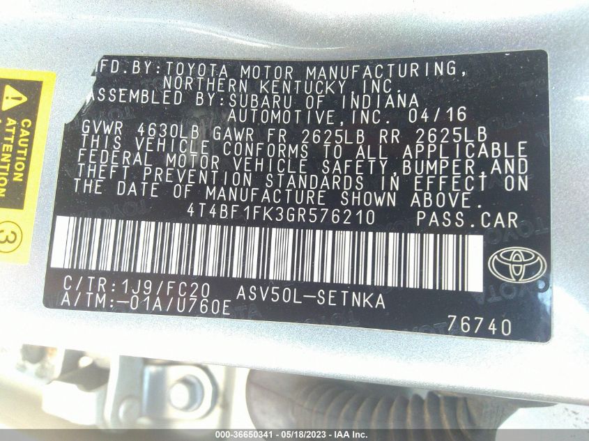 2016 TOYOTA CAMRY XLE/SE/LE/XSE - 4T4BF1FK3GR576210