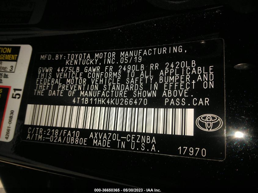 2019 TOYOTA CAMRY LE/SE/XLE/L - 4T1B11HK4KU266470