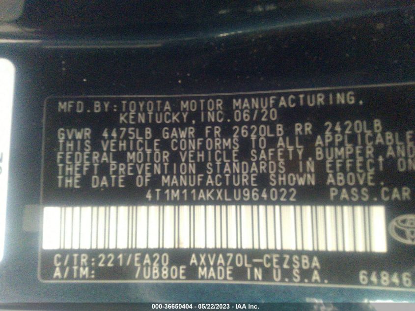 2020 TOYOTA CAMRY SE - 4T1M11AKXLU964022