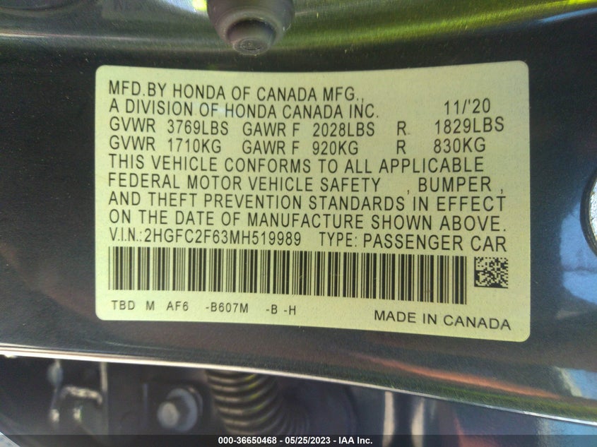 VIN 2HGFC2F63MH519989 2021 HONDA CIVIC SEDAN LX