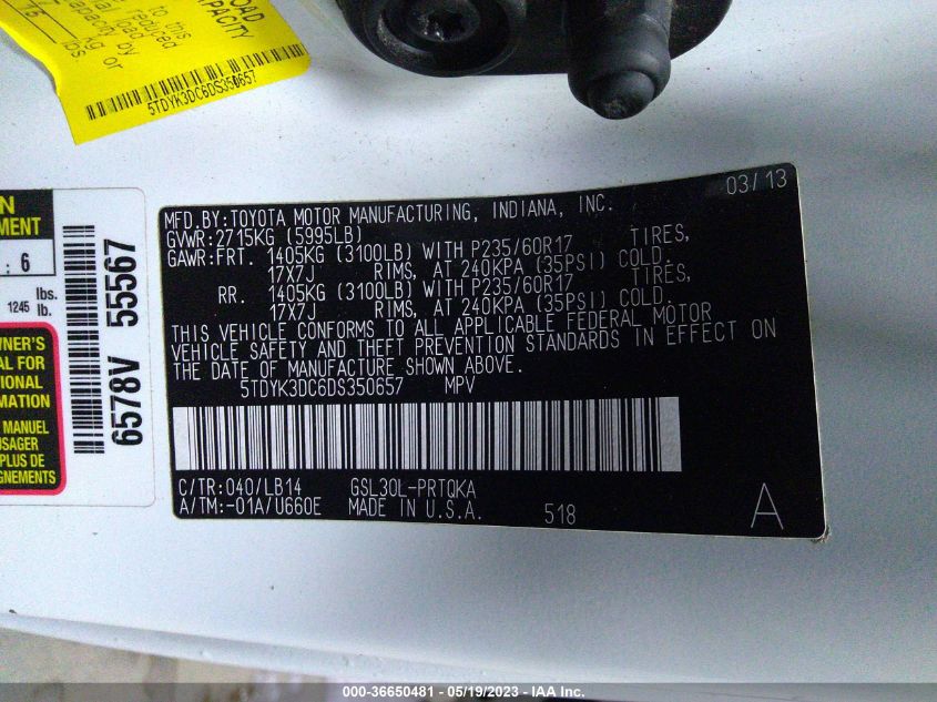 2013 TOYOTA SIENNA XLE AAS/XLE/LTD - 5TDYK3DC6DS350657