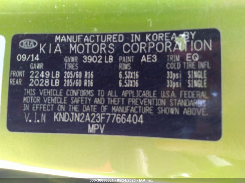 2015 KIA SOUL BASE - KNDJN2A23F7766404
