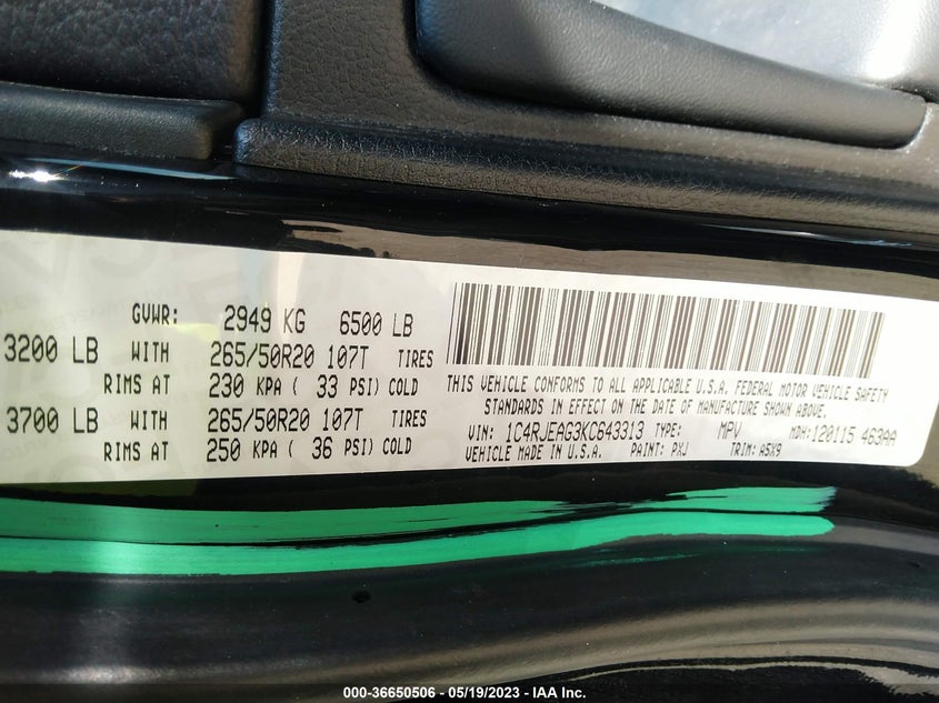 VIN 1C4RJEAG3KC643313 2019 JEEP GRAND CHEROKEE UPLAND
