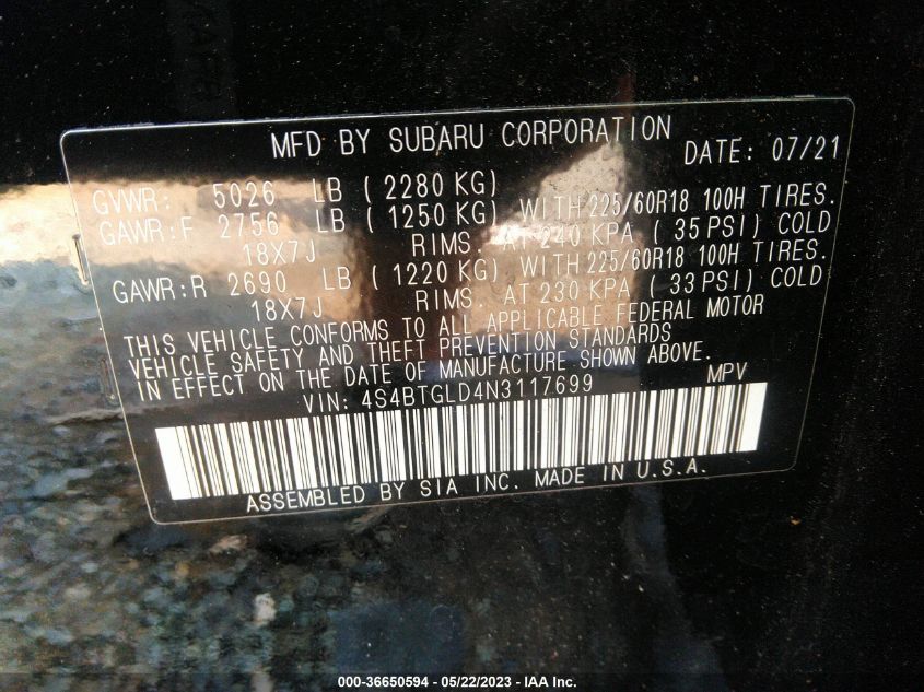 2022 SUBARU OUTBACK ONYX EDITION XT - 4S4BTGLD4N3117699