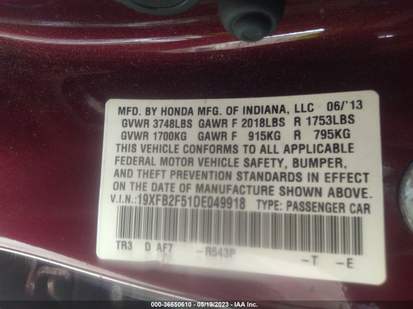 2013 HONDA CIVIC SDN LX - 19XFB2F51DE049918