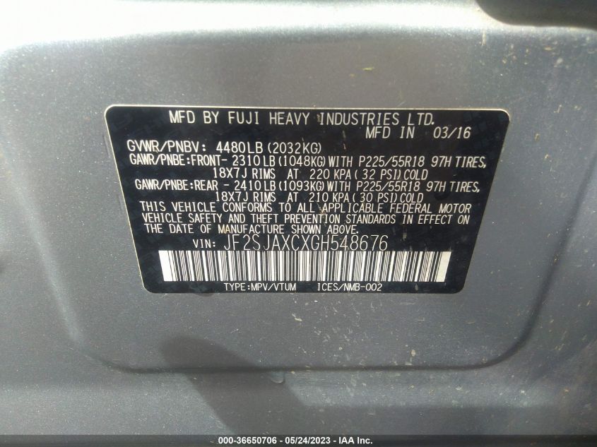 2016 SUBARU FORESTER 2.5I TOURING - JF2SJAXCXGH548676