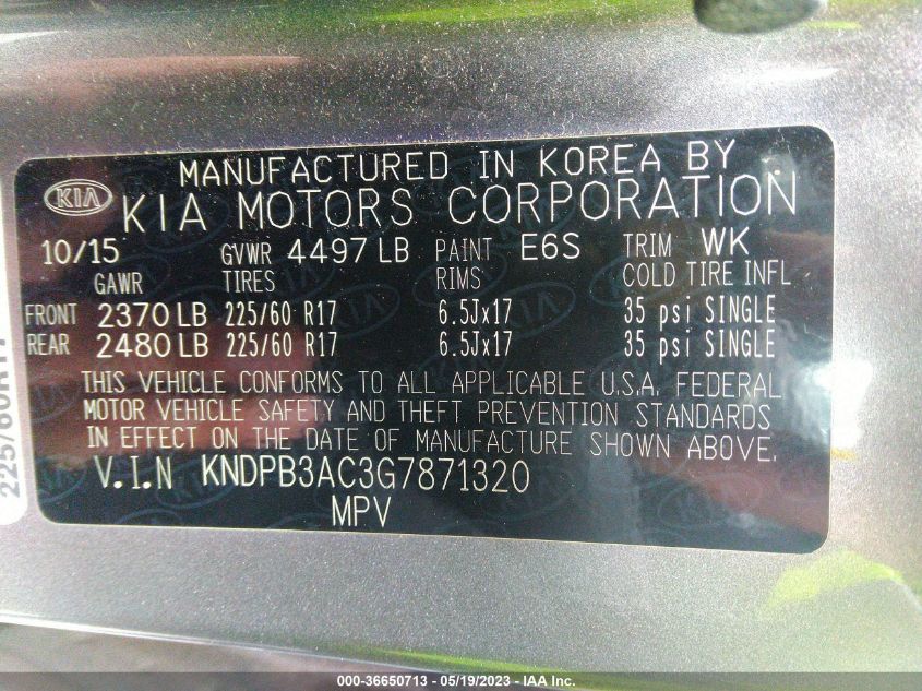 2016 KIA SPORTAGE LX - KNDPB3AC3G7871320