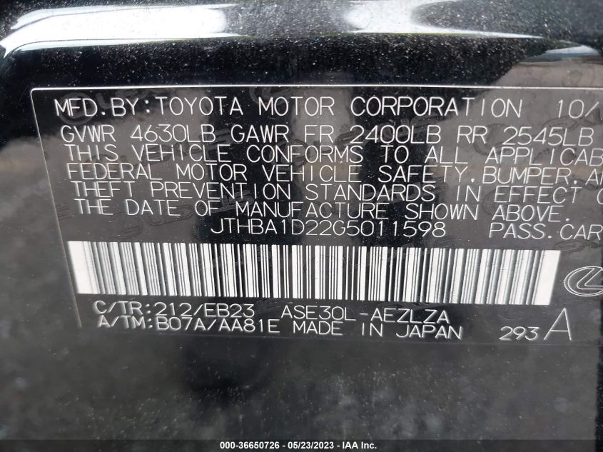 2016 LEXUS IS 200T - JTHBA1D22G5011598