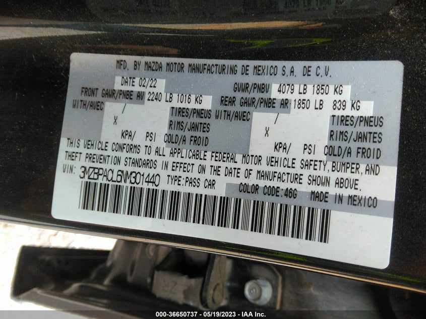 VIN 3MZBPACL6NM301440 2022 MAZDA MAZDA3 SEDAN PREFERRED