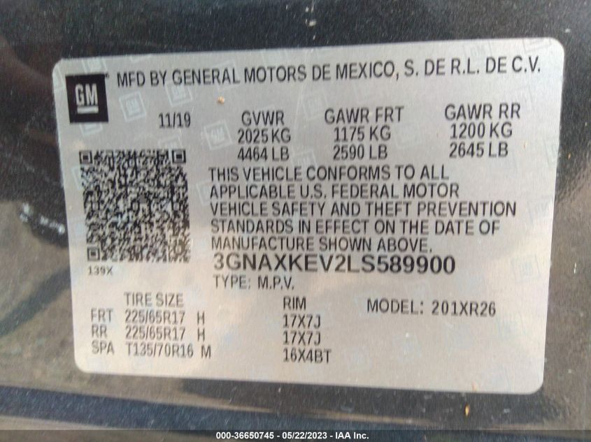 2020 CHEVROLET EQUINOX LT - 3GNAXKEV2LS589900