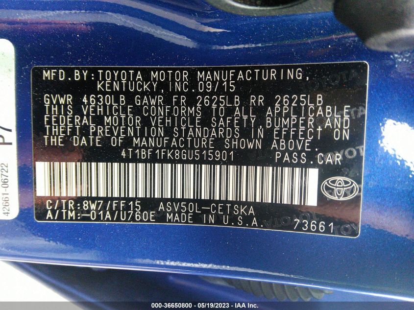 2016 TOYOTA CAMRY XLE/SE/LE/XSE - 4T1BF1FK8GU515901