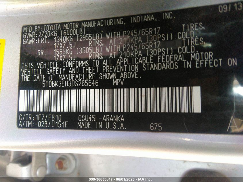 2013 TOYOTA HIGHLANDER - 5TDBK3EH3DS265646