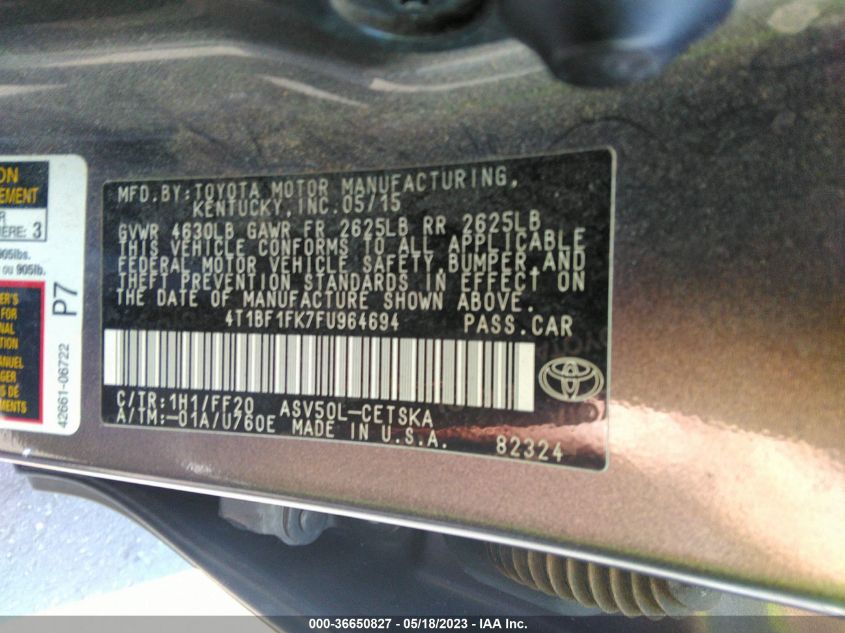 2015 TOYOTA CAMRY XLE/SE/LE/XSE - 4T1BF1FK7FU964694