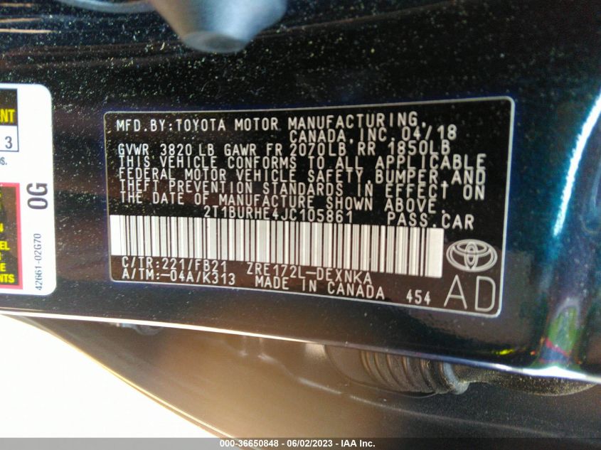 2018 TOYOTA COROLLA L/LE/XLE/SE/XSE - 2T1BURHE4JC105861