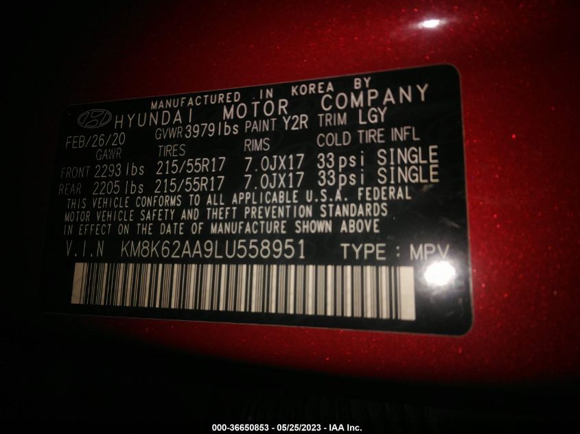 2020 HYUNDAI KONA SEL PLUS - KM8K62AA9LU558951