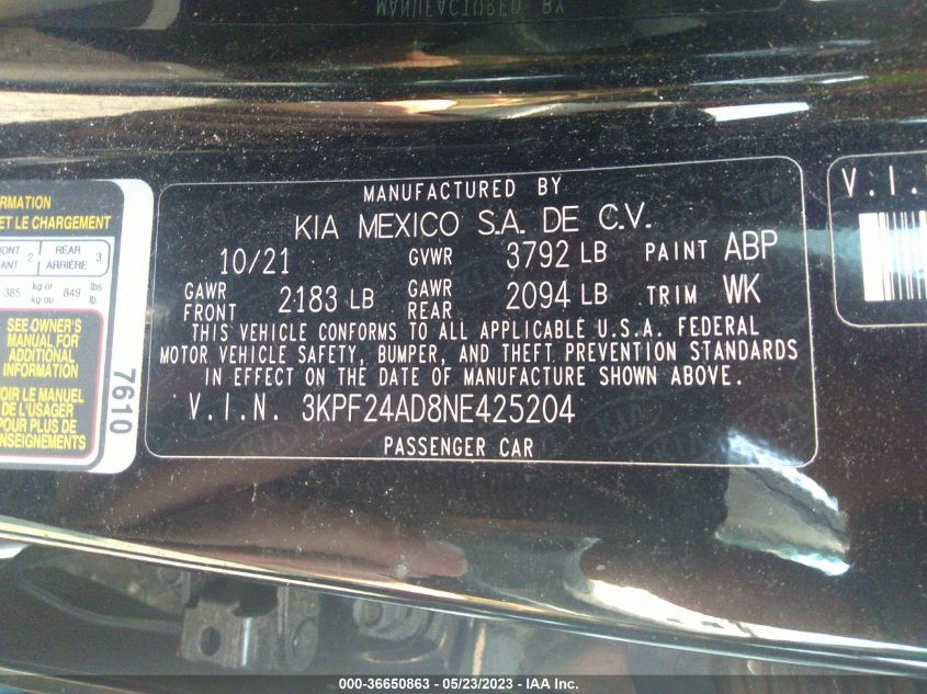 2022 KIA FORTE LXS - 3KPF24AD8NE425204