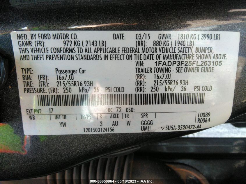 2015 FORD FOCUS SE - 1FADP3F25FL263105