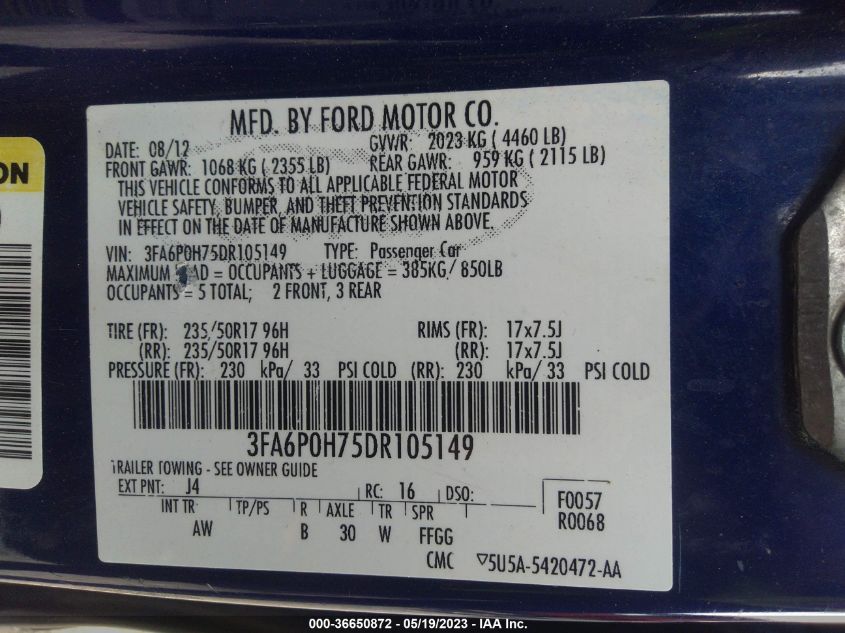 2013 FORD FUSION SE - 3FA6P0H75DR105149