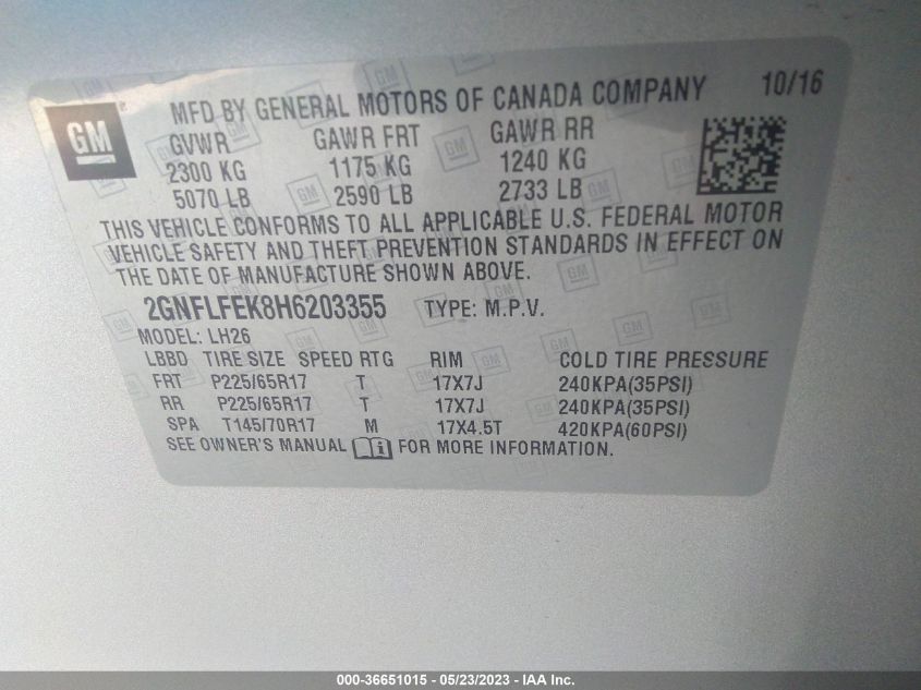 2017 CHEVROLET EQUINOX LT - 2GNFLFEK8H6203355