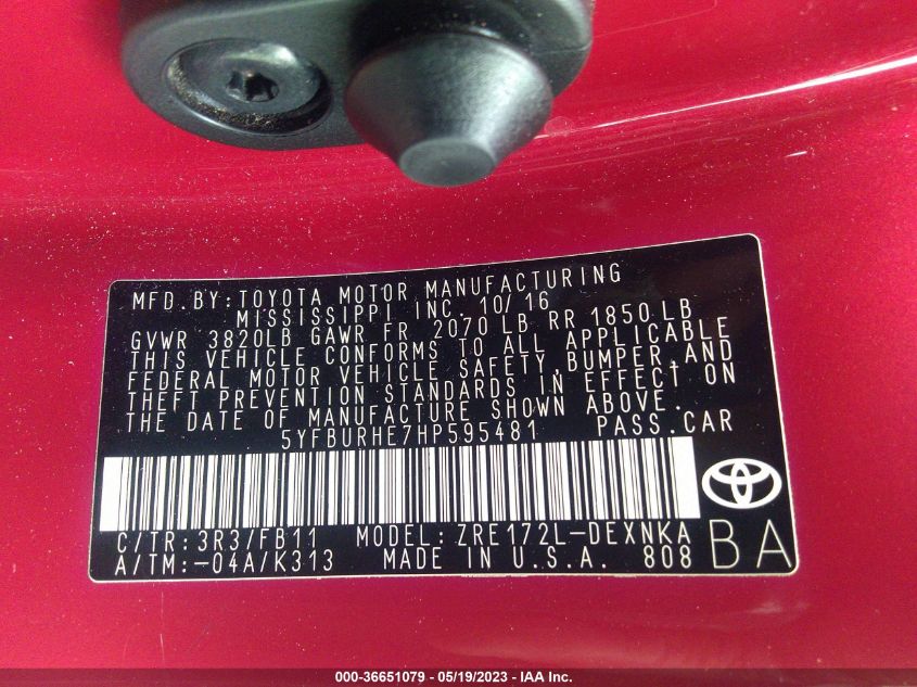 2017 TOYOTA COROLLA L/LE/XLE/SE - 5YFBURHE7HP595481