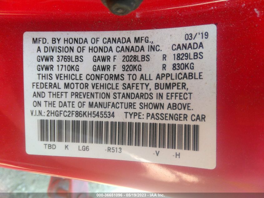 2019 HONDA CIVIC SEDAN SPORT - 2HGFC2F86KH545534