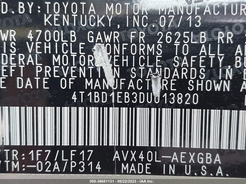2013 TOYOTA AVALON HYBRID XLE PREMIUM 4T1BD1EB3DU013820