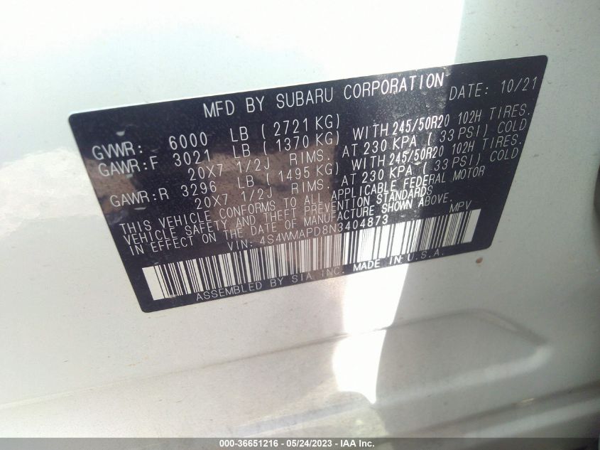 2022 SUBARU ASCENT LIMITED - 4S4WMAPD8N3404873