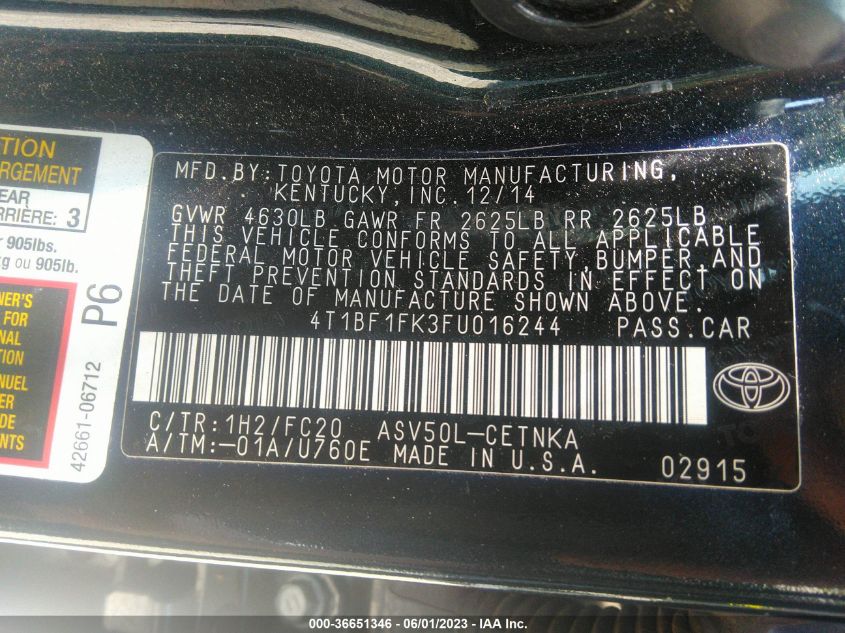 2015 TOYOTA CAMRY XLE/SE/LE/XSE - 4T1BF1FK3FU016244