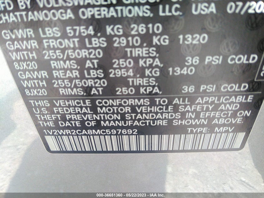 VIN 1V2WR2CA8MC597692 2021 VOLKSWAGEN ATLAS 3.6L V6 SE W/TECHNOLOGY