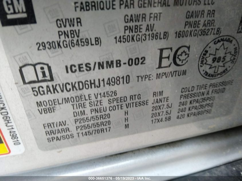 2017 BUICK ENCLAVE PREMIUM - 5GAKVCKD6HJ149810
