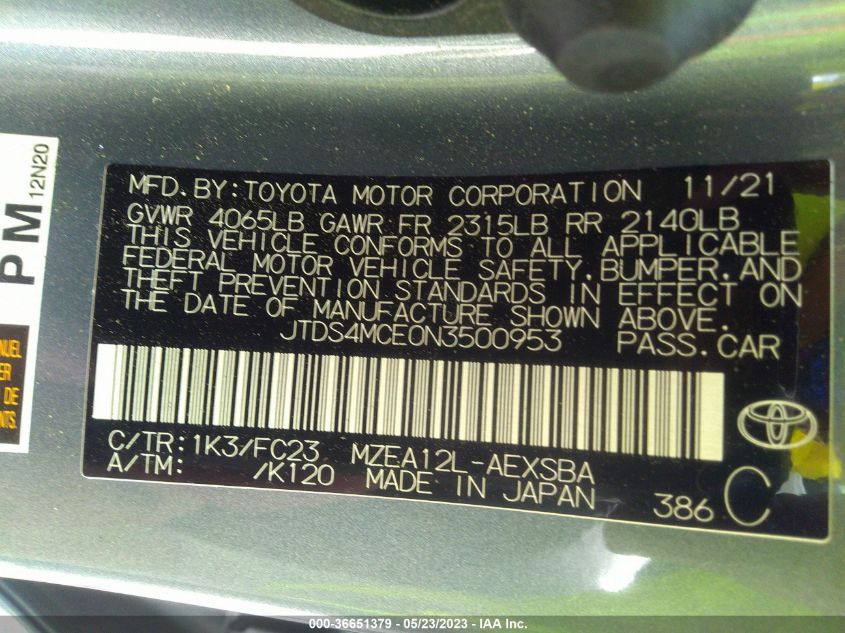 2022 TOYOTA COROLLA SE/SE NIGHTSHADE/APEX SE - JTDS4MCE0N3500953