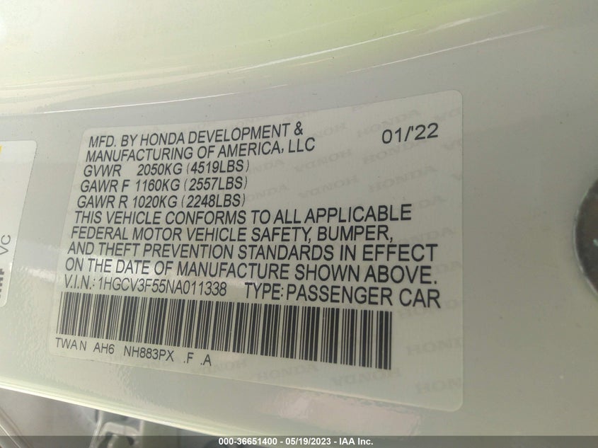 VIN 1HGCV3F55NA011338 2022 HONDA ACCORD HYBRID EX-L