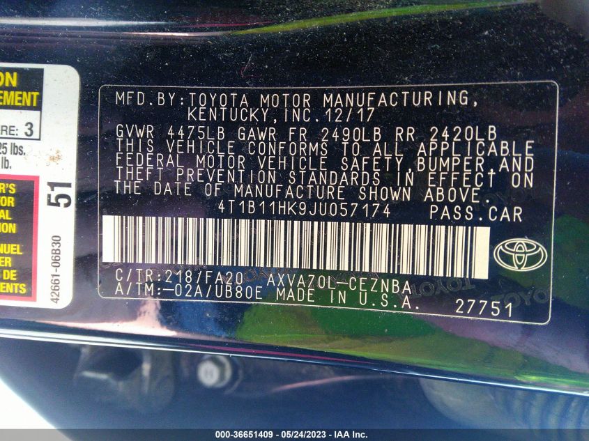 2018 TOYOTA CAMRY LE/SE/XLE/L - 4T1B11HK9JU057174