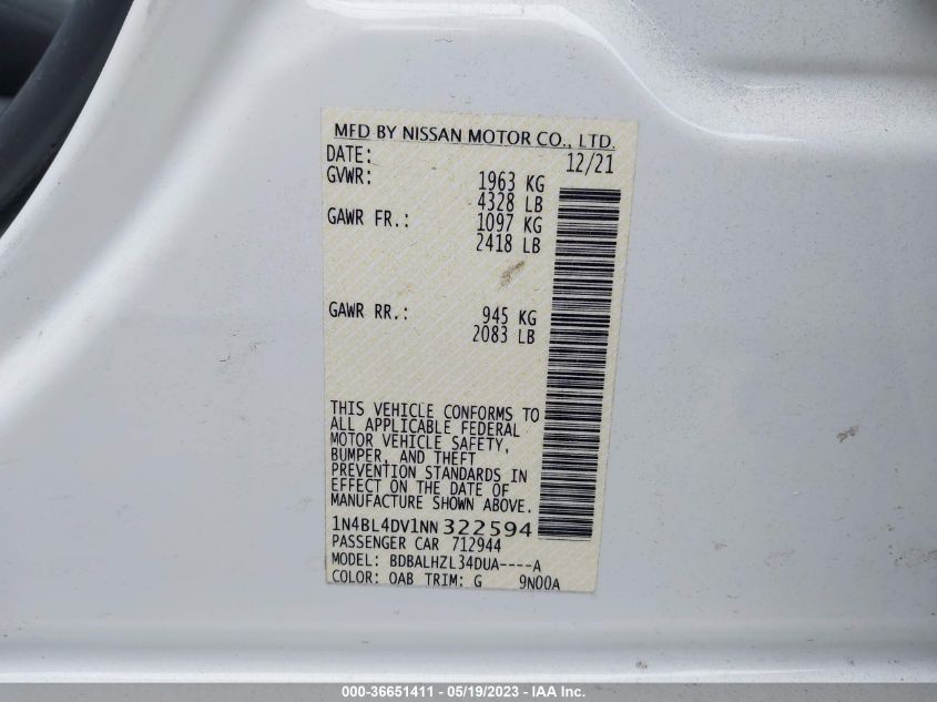 2022 NISSAN ALTIMA 2.5 SV - 1N4BL4DV1NN322594