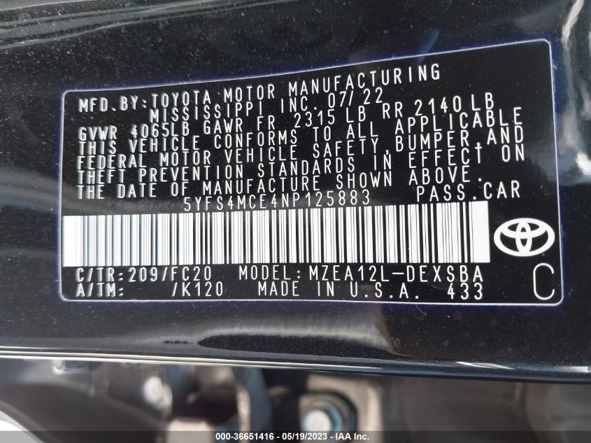 2022 TOYOTA COROLLA SE/SE NIGHTSHADE/APEX SE - 5YFS4MCE4NP125883