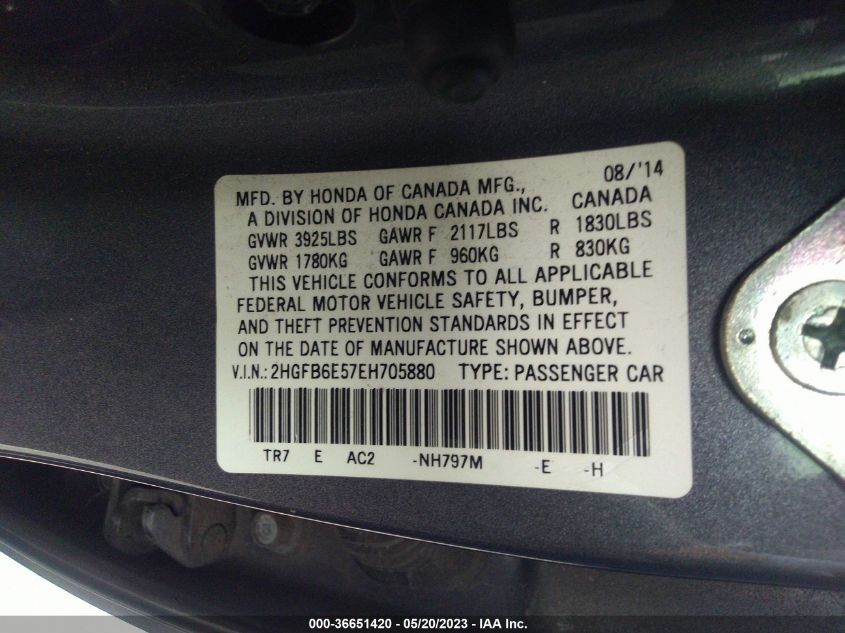 2014 HONDA CIVIC SEDAN SI - 2HGFB6E57EH705880