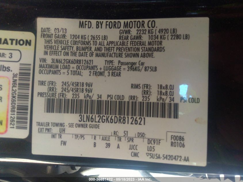 2013 LINCOLN MKZ - 3LN6L2GK6DR812621