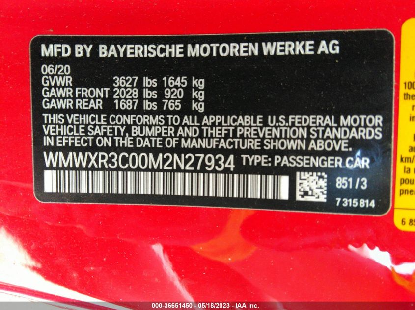 2021 MINI HARDTOP 2 DOOR OXFORD EDITION WMWXR3C00M2N27934