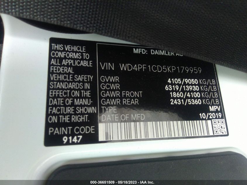 2019 MERCEDES-BENZ SPRINTER VAN WD4PF1CD5KP179959