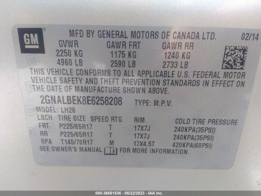 2014 CHEVROLET EQUINOX LT - 2GNALBEK8E6258208
