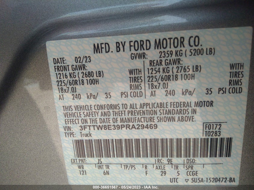 VIN 3FTTW8E39PRA29469 2023 FORD MAVERICK XL/XLT/LARIAT