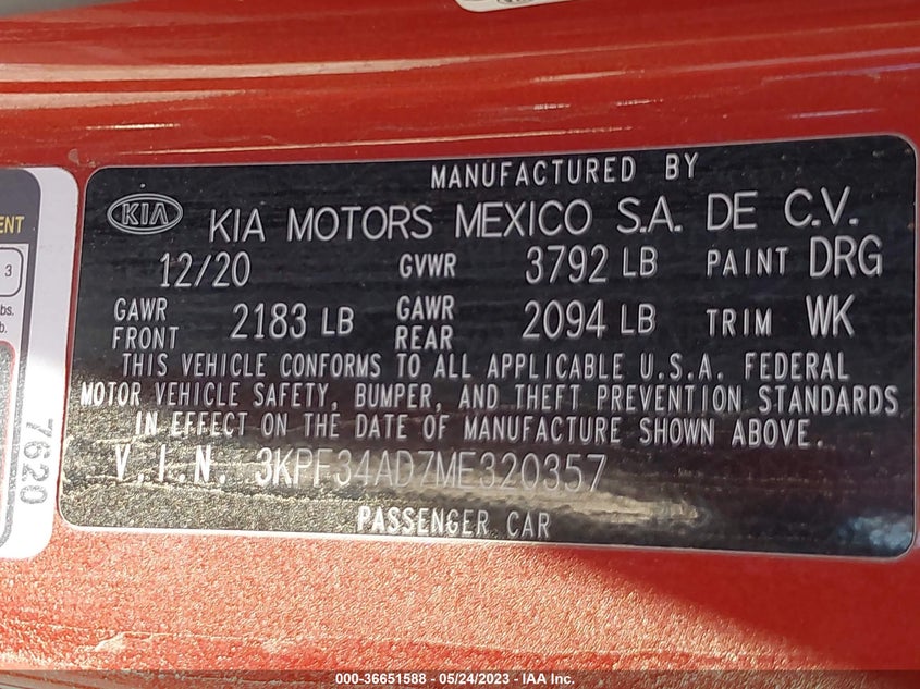 VIN 3KPF34AD7ME320357 2021 KIA FORTE GT-LINE