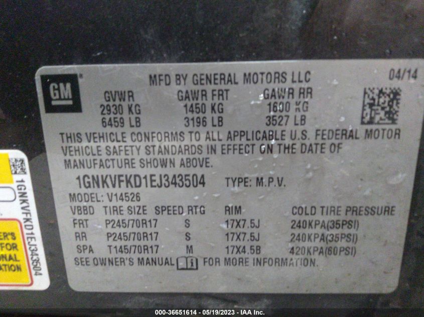 2014 CHEVROLET TRAVERSE LS - 1GNKVFKD1EJ343504