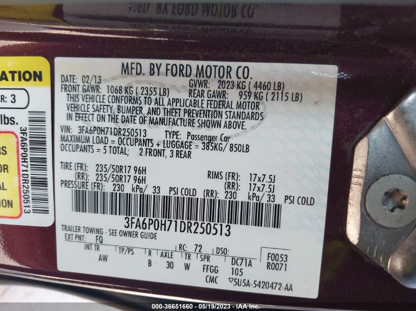 2013 FORD FUSION SE - 3FA6P0H71DR250513