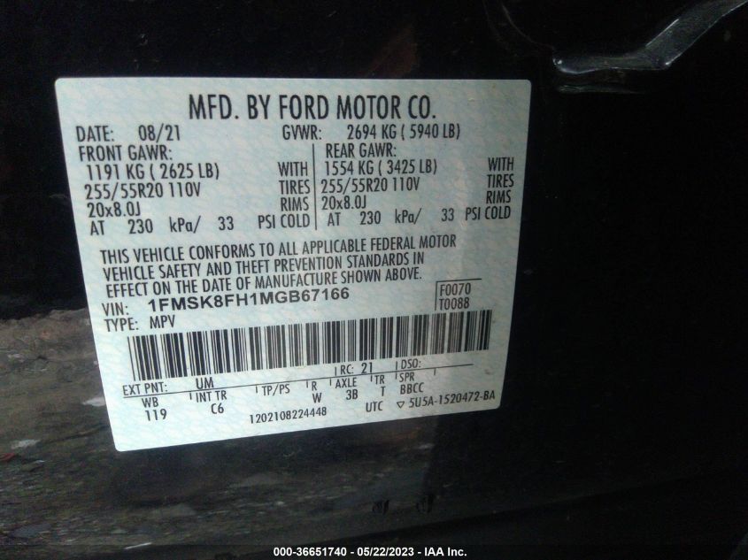 2021 FORD EXPLORER LIMITED - 1FMSK8FH1MGB67166