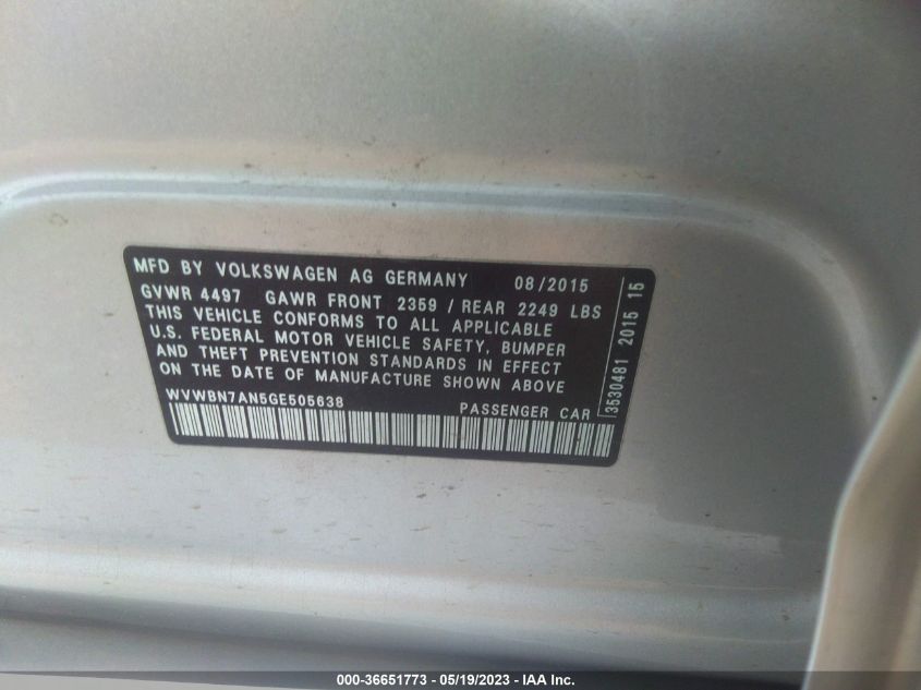 2016 VOLKSWAGEN CC SPORT - WVWBN7AN5GE505638